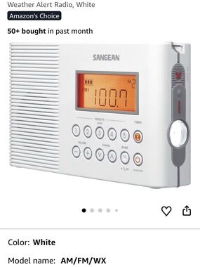 Sangean H201 Shower Radio AM/FM/WX Waterproof Portable Weather Alert Radio White